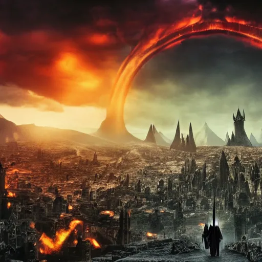 Image similar to mordor as a bustling city, highly detailed, sharp focus, skyline, vast, atmospheric, movie still, gothic, lord of the rings, mount doom, 4 k, fantasy