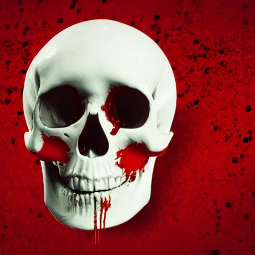 Image similar to skull in a pool of blood with blood splatter on the skull