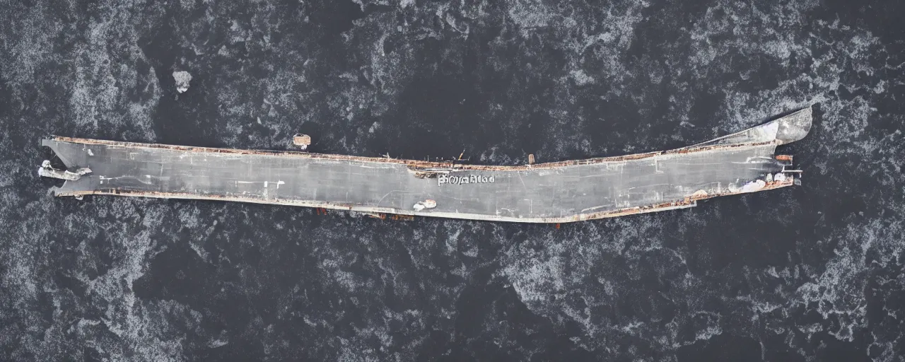 Prompt: low angle cinematic aerial shot of abandoned aircraft carrier in the middle of black sand beach in iceland