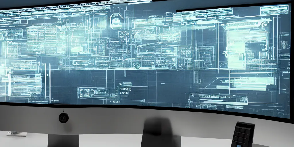 Image similar to cinematic macro photograph of a orwellian desktop monitor in an urban office setting with graphs shown as blueprints and schematic drawings on the screen, ultra realistic, by cedric peyravernay, by kilian eng, intracate detail, digital painting, minimal art style, mirrors edge art style, cinematic lighting, artstation, cgsociety, octane render, 3 5 mm film grain