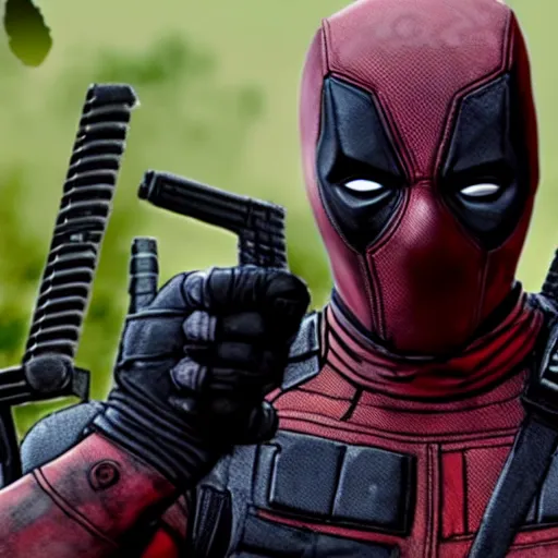 Image similar to deadpool in the walking dead 4 k detailed super realistic