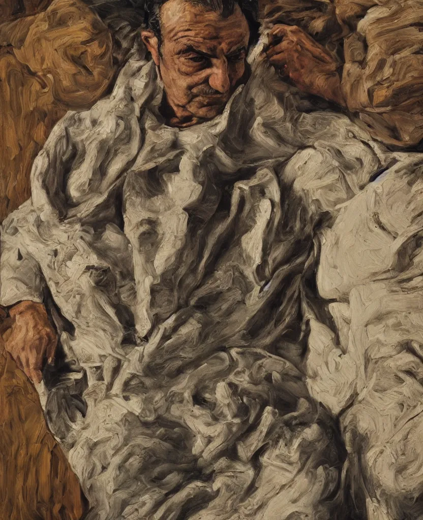 Image similar to high quality, high detail, realistic portrait of bahram beyzai, painted by lucian freud, dramatic lighting, cinematic composition