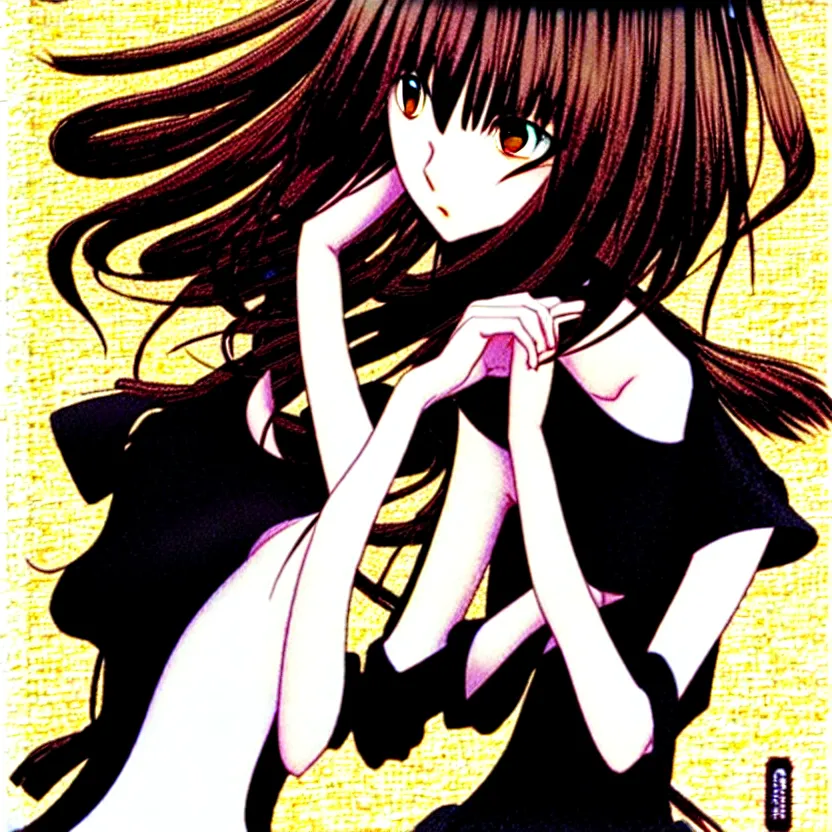 Image similar to girl with morbid thoughts wearing a black spring dress with short brown hair, queen of sharp needles and under the effect of euphoria, by Range Murata, Katsuhiro Otomo, Yoshitaka Amano.