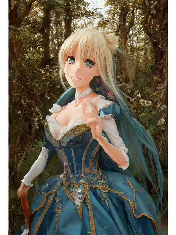 Image similar to anime key visual of barbie wearing a medieval gown!! intricate, magical forest, stunning, highly detailed, digital painting, artstation, smooth, hard focus, illustration, art by artgerm and greg rutkowski and alphonse mucha