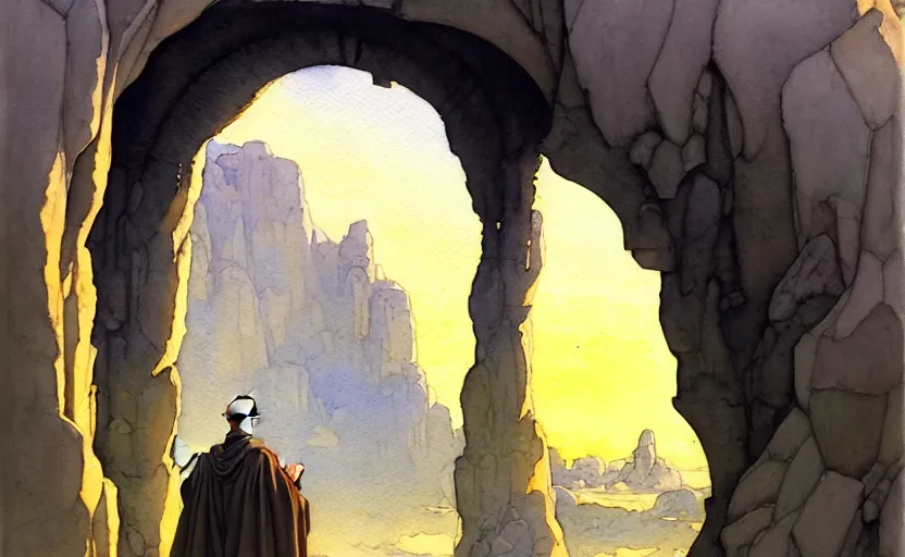 Image similar to a hyperrealist watercolor concept art of a medieval monk in grey robes at sunset looking through a rock arch dimensional portal to an alien world. very muted colors, by rebecca guay, michael kaluta, charles vess. high detail, hq, wide shot, 4 k