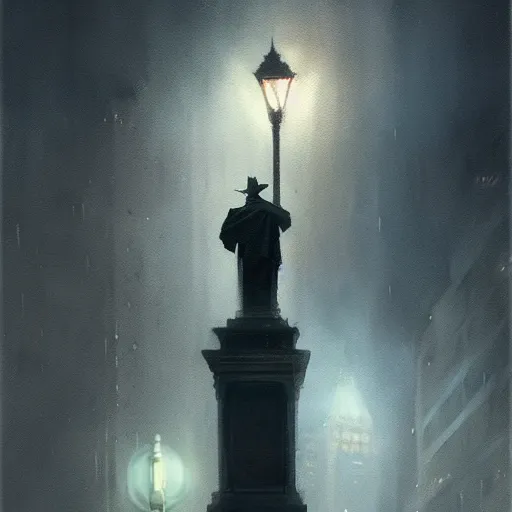 Prompt: a centerpiece statue stands in gotham city, night, wet pavement, street level view, light mist, fantasy, intricate, elegant, digital painting, trending on artstation, concept art, soft focus, illustration by greg rutkowski, edward hopper, 4 k.