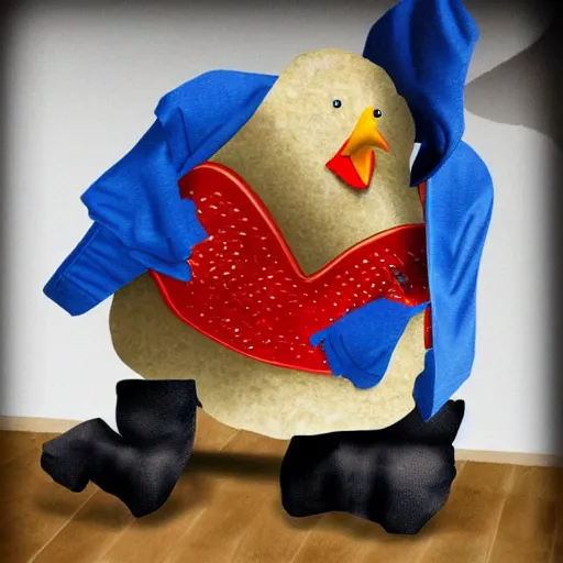 Image similar to chicken with clothes as an inmate