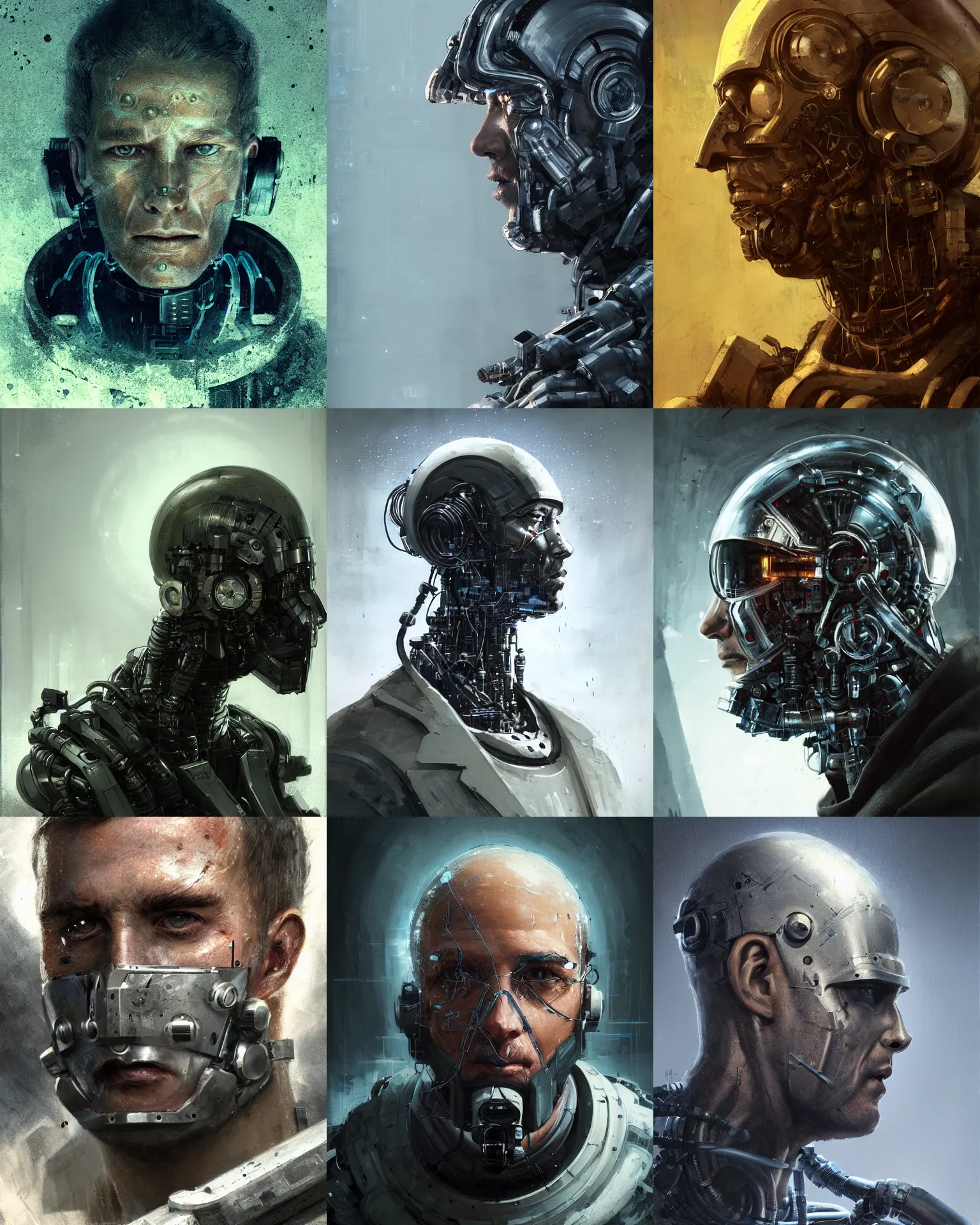 Prompt: a half - masked rugged laboratory engineer man with cybernetic enhancements as seen from a distance, scifi character portrait by greg rutkowski, esuthio, craig mullins, 1 / 4 headshot, cinematic lighting, dystopian scifi gear, gloomy, profile picture, mechanical, cyborg, half robot, implants, dieselpunk