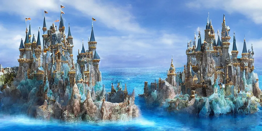 Image similar to a large fantasy castle made out of crystals standing in the middle of the sea,beautiful scenery,4k,high quality