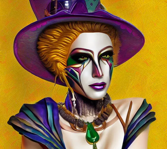 Image similar to beautiful female character inspired by new orleans mardi gras and cubism vampire bounty hunter | | digital artwork made by greg rutswork, anna dittmann and lois van barlee, symmetrical rim light, anatomically correct