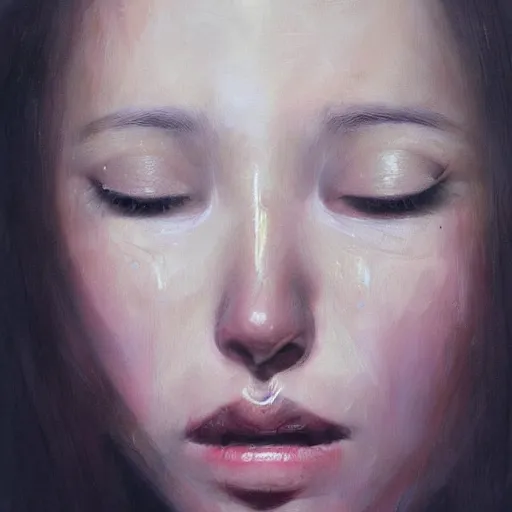 Prompt: woman sitting crying, night, cold weather, emotional oil painting, digital art, trending on artstation, by Yoshitaka Amano, highly detailed, by Artgerm