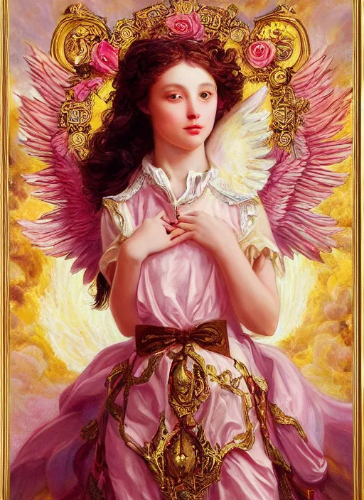 Image similar to full body oil painting of smoking wolf wearing pink shirt, in the style of sophie anderson, angel wings, angelic golden armor, dramatic painting, symmetrical composition, ornate, high detail, gold detailed collar, blooming, lights, flowers,