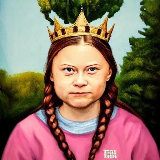 Prompt: greta thunberg with giant crown , rennaisance portrait by master