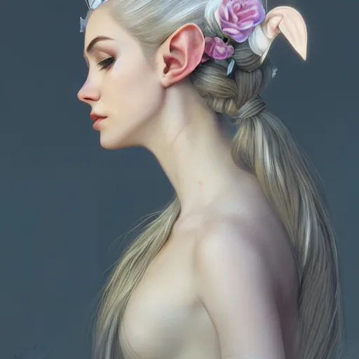 Prompt: side portrait of very beautiful elf, rose crown, hair over face, headshot, normal ears, looking up, hyper realistic, pale skin, bright white iridescent hair finish, white dress,4k, rule of thirds, extreme detail, detailed drawing, trending artstation, hd, fantasy, D&D, realistic lighting, by Alphonse Mucha, Greg Rutkowski, sharp focus, backlit, elegant