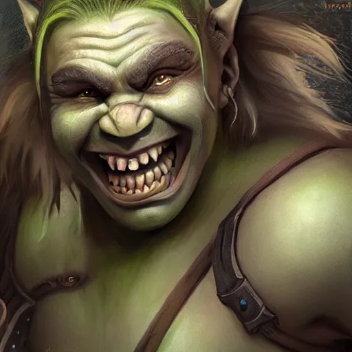 Image similar to a detailed portrait of a cute child orc boy smiling, fantasy art illustration, incredibly highly detailed and realistic, 8 k, sharp focus