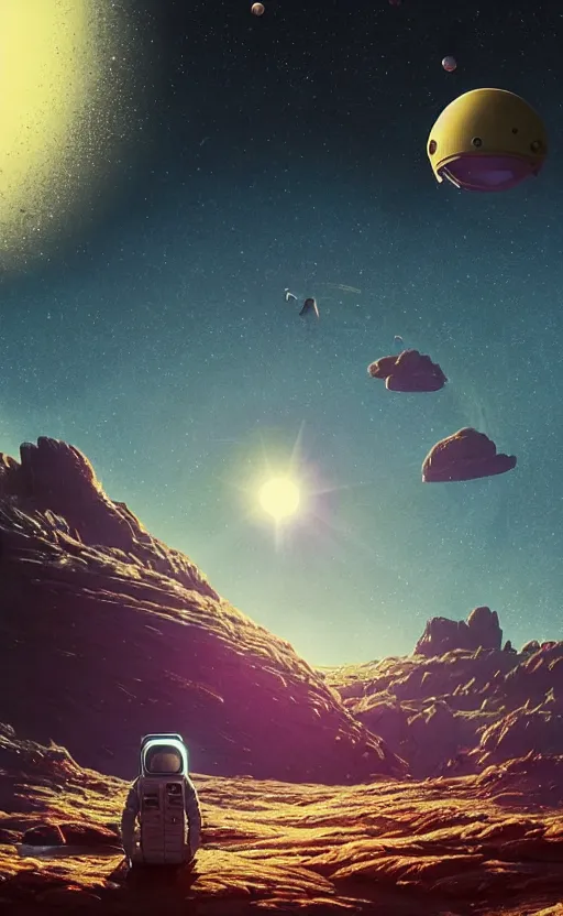 Image similar to A astronaut sitting and gazing upon a amazing alien landscape and the universe, digital art, breathtaking, golden ratio, extremely detailed, establishing shot, hyperrealistic, cinematic lighting, particles, unreal engine, simon stålenhag, rendered by Beeple, Makoto Shinkai, syd meade, simon stålenhag, Ruan Jia, Kentaro Miura, environment concept, artstation, octane render, 8K UHD image