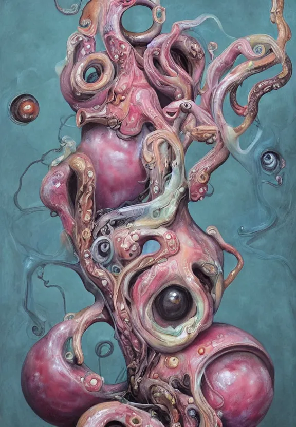 Image similar to a biomorphic painting of a vase with flowers with eyeballs and tentacles, surrealist painting by marco mazzoni, by dorothea tanning, pastel blues and pinks, melting, plastic, skull, featured on artstation, metaphysical painting, oil on canvas, fluid acrylic pour art, airbrush art, seapunk, rococo, lovecraftian