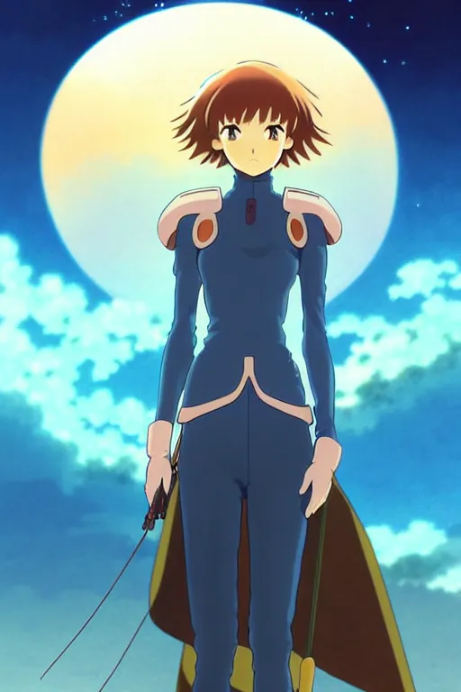 Image similar to anime art full body portrait character nausicaa concept art, anime key visual of elegant young female, short brown hair and large eyes, finely detailed perfect face delicate features directed gaze, sunset in a valley, trending on pixiv fanbox, studio ghibli, extremely high quality artwork by kushart krenz cute sparkling eyes hayao miyazaki