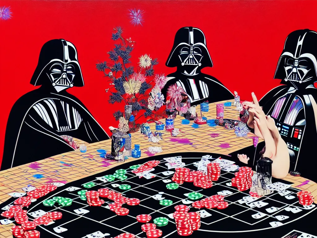 Image similar to hyperrealism composition of the detailed woman in a japanese kimono sitting at an extremely detailed poker table with darth vader, fireworks on the background, pop - art style, jacky tsai style, andy warhol style, acrylic on canvas