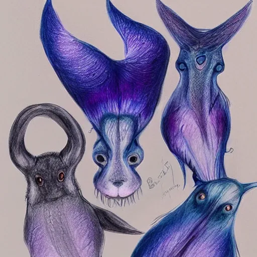 Prompt: insane by bess hamiti blue - violet. a beautiful drawing of a group of creatures that looks like a mix of different animals. most of the creatures have human - like features, such as arms & legs, & some are standing upright while others are crawling or flying.