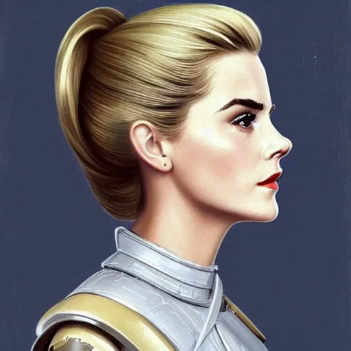 Image similar to A combination of Grace Kelly's and Emma Watson's and Ashley Greene's appearances with blonde hair wearing Master Chief's armor, full body portrait, western, D&D, fantasy, intricate, elegant, highly detailed, digital painting, artstation, concept art, matte, sharp focus, illustration, art by Artgerm and Greg Rutkowski and Alphonse Mucha