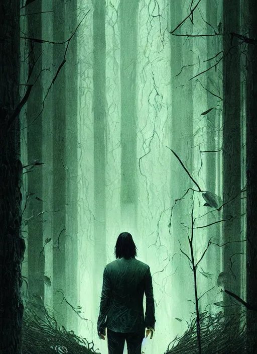 Prompt: highly detailed horror movie poster with angry creepy keanu reeves as a tree, keanu reeves faces in the bark of many trees sentient leafy catastrophe by greg rutkowski, masterpiece, really funny, 1 0 / 1 0 creepy