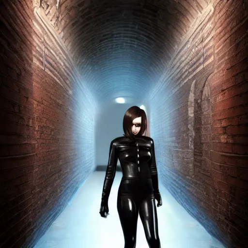 Image similar to a school boy being intimidated by a succubus in a leather suit, devi wings, cracked brick wall, long hallway, light at the end of the tunnel, volumetric lighting, concept art, detailed, dramatic lighting, by wlop, artgerm