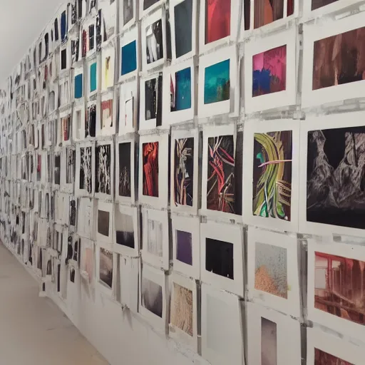 Prompt: art installation in modern gallery, thousands of polaroids on walls of imagined dreams