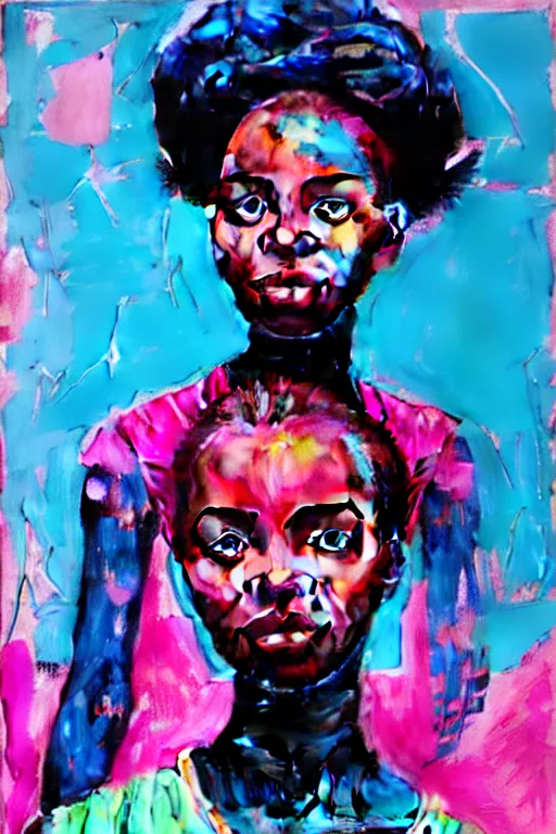 Image similar to portrait of a stylized african young lady with a story to tell, painted in acrylic, pigment textures, wet paint, in the colors hot pink and cyan, beautiful realistic face, rule of thirds, spotlight, by greg rutkowski, by jeremy mann, by francoise nielly, by van gogh, by ross tran, in focus