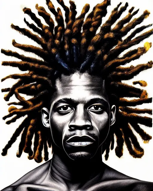 Image similar to A extremely ultra highly detailed majestic hi-res beautiful immaculate head and shoulders award winning painting stunning masterpiece of the face of a strong black african man with dreadlocks by Jean-Michel Basquiat, 8k, high textures, ultra hyper sharp, insanely detailed and intricate, super detailed, 8k HDR ultra high quality