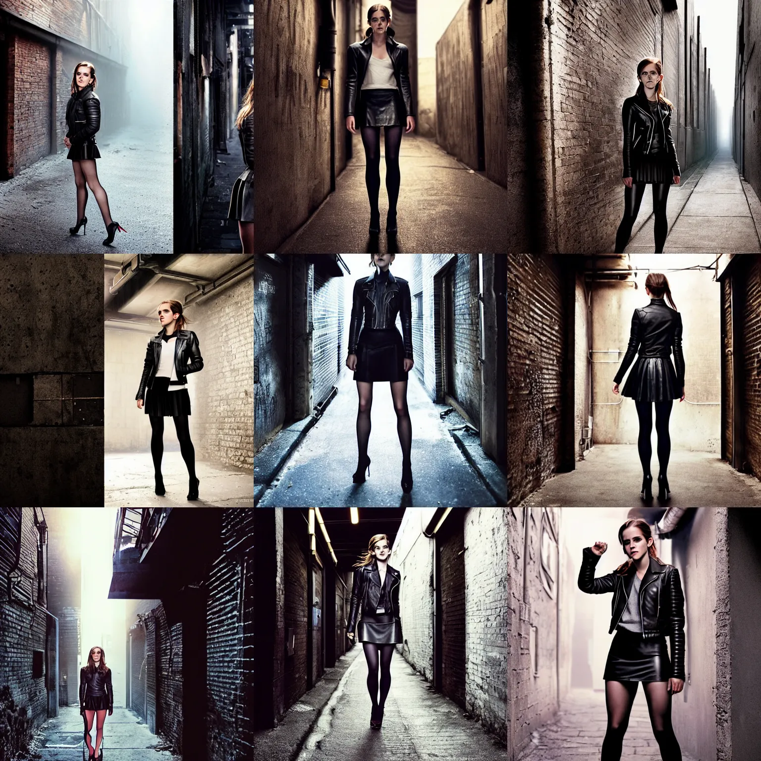 Prompt: a perfect 8K HD professional photo of Emma Watson kneeling , wearing leather jacket , miniskirt , pantyhose and high heels in sci-fi dystopian alleyway , at instagram , Adobe Lightroom , taken with kodak portra , digital art , by Jordan Grimmer and greg rutkowski