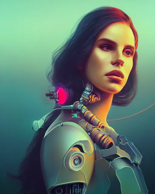 Image similar to portrait of Lana Del Rey as a cyborg. intricate abstract. intricate artwork. by Tooth Wu, wlop, beeple, dan mumford. dune by david lynch, octane render, trending on artstation, greg rutkowski very coherent symmetrical artwork. cinematic, hyper realism, high detail, octane render, 8k, iridescent accents