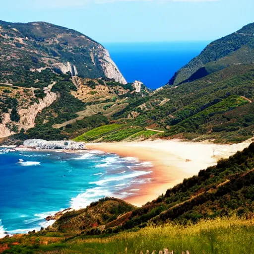 Prompt: spanish nature with hills and ocean coast, a beautiful landscape