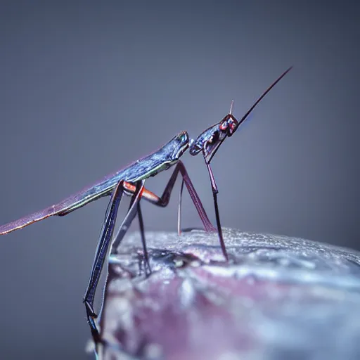 Prompt: award winning close up macro photo of a deadly mantis draped in highly reflective liquid mercury.