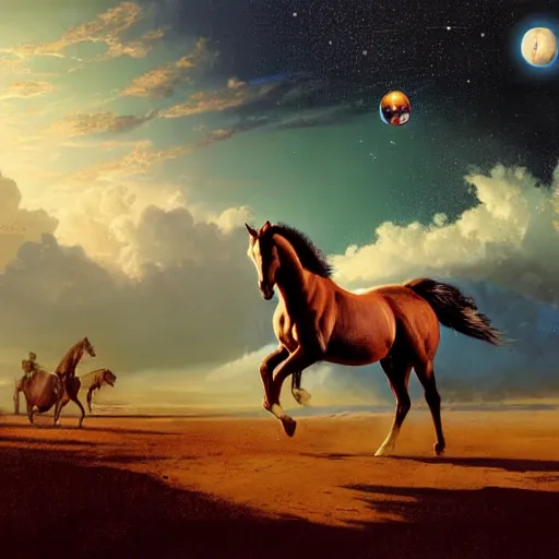 Prompt: the horse is a sphere, in a space vacuum, hyperrealism, no blur, 4 k resolution, ultra detailed, style of ron cobb, adolf hiremy - hirschl, syd mead, ismail inceoglu, rene margitte