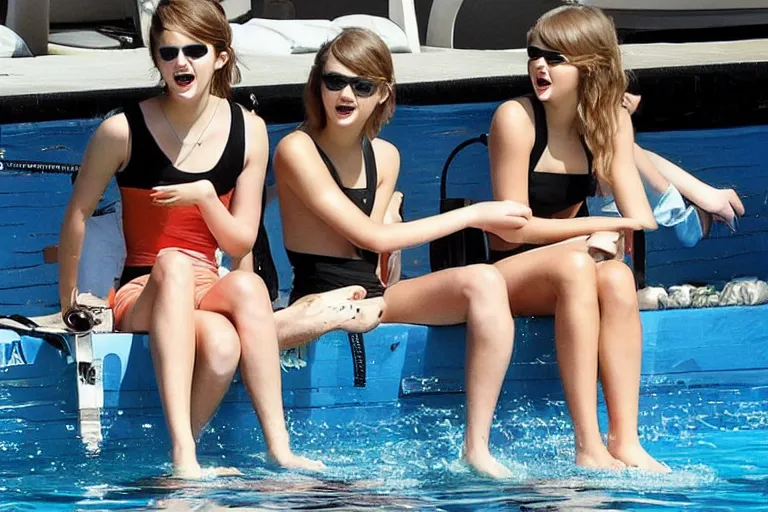 Image similar to emma watson and taylor swift and selena gomez swim together. perfect faces.