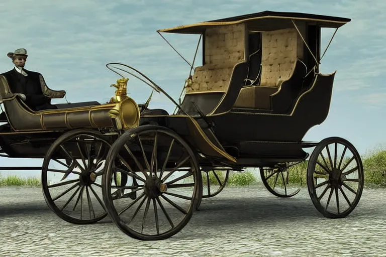 Prompt: still photo of the invention of the first car by karl benz in 1 8 9 3, highly detailed, photorealistic shot, bright studio setting, studio lighting, crisp quality and light reflections, unreal engine 5 quality render