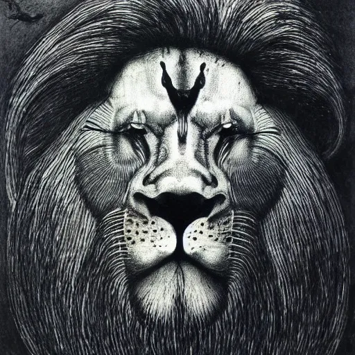 Image similar to morph of four faces : man, lion, eagle, bull. drawn by zdzislaw beksinski