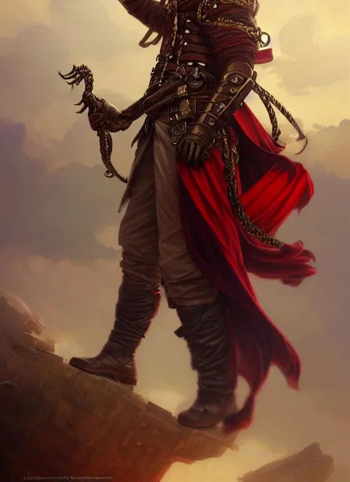 Image similar to full body shot of male airship pirate, D&D, handsome, fantasy, intricate, long hair, airship, steampunk, red hair, elegant, highly detailed, digital painting, artstation, concept art, smooth, sharp focus, illustration, art by artgerm and greg rutkowski and alphonse mucha