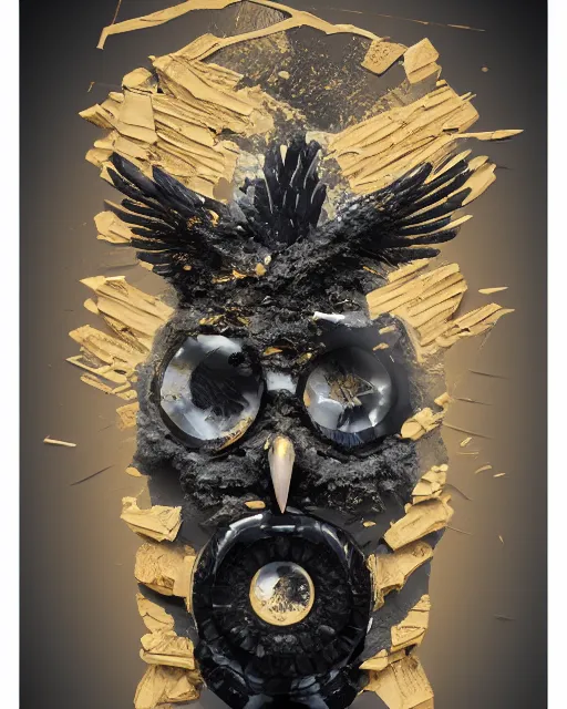 Image similar to symmetrical painting of a fractured obsidian greek statue of an owl fixed with kintsugi, rendered in octane trending on cgsociety. extremely detailed and intricate art