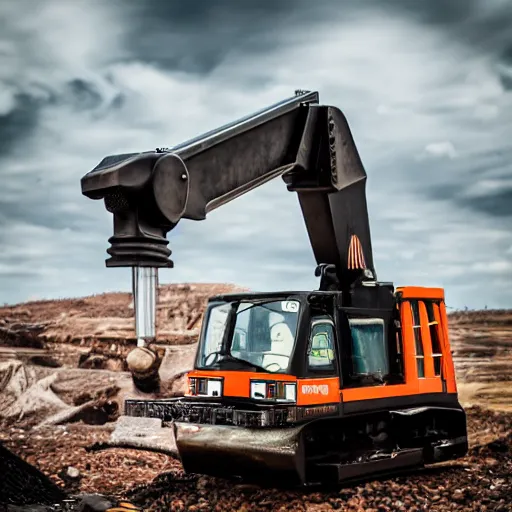 Prompt: giant scary treaded mining automated machine with drill, mining scrap metal, highly detailed body, retro, industrial, dark, dystopian, apocalyptic, clean, 8 5 mm f / 1. 4