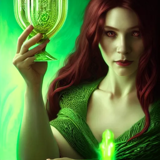 Image similar to Portrait of female sorceress with long red wavy hair and a green dress and a goblet with a glowing potion in it, epic dark fantasy, medium shot, intricate, elegant, highly detailed, digital painting, artstation, concept art, smooth, sharp focus, illustration, art by artgerm and greg rutkowski and alphonse mucha