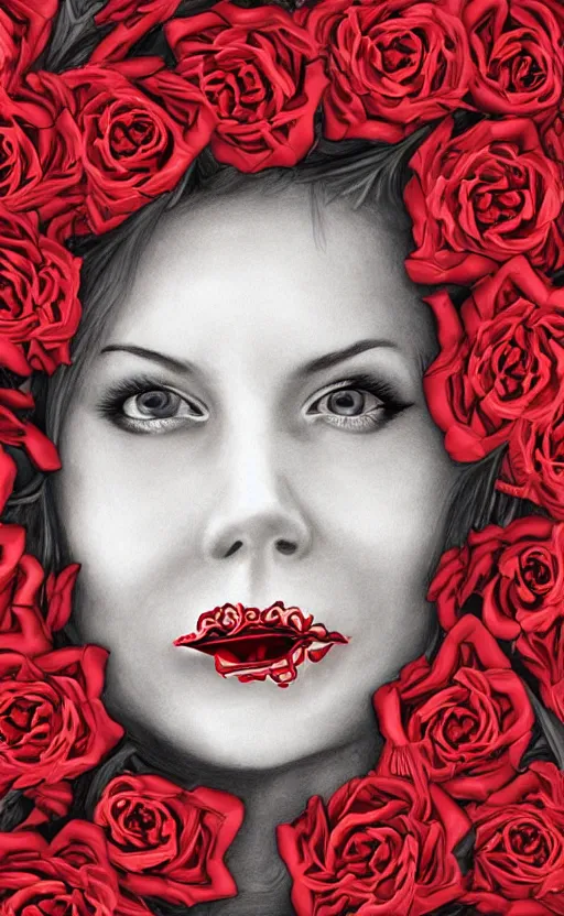 Image similar to very detailed digital drawing of a face covered with teeth lying in red roses.