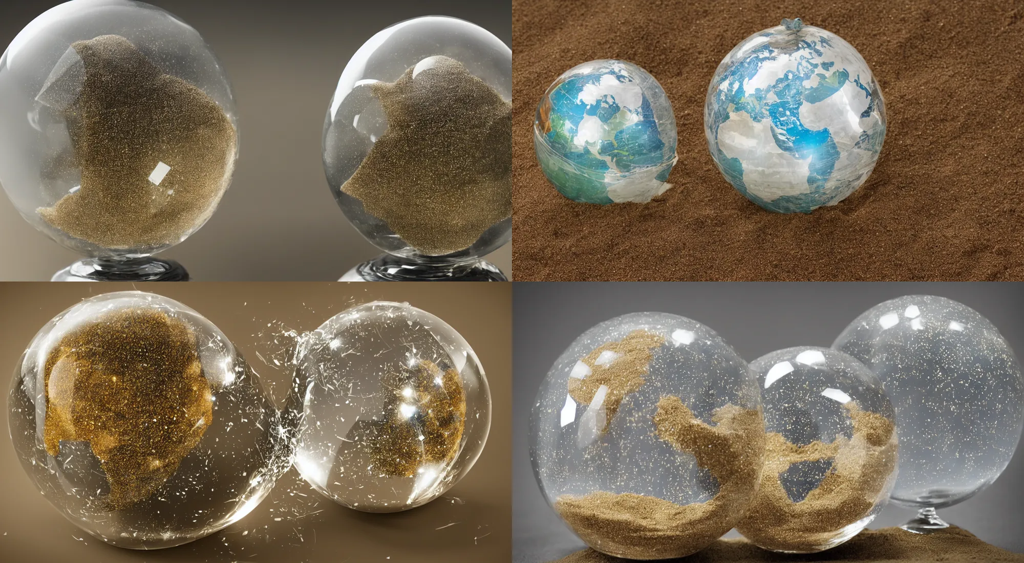 Prompt: sand of time in a shiny globe of glass and crystals, realistic