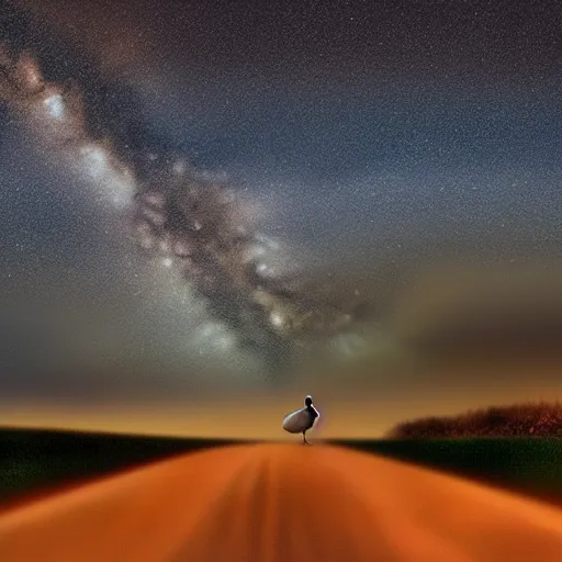 Image similar to a lonely duck walking on the road and looking up at the sky, milky way, starry sky, art station trend