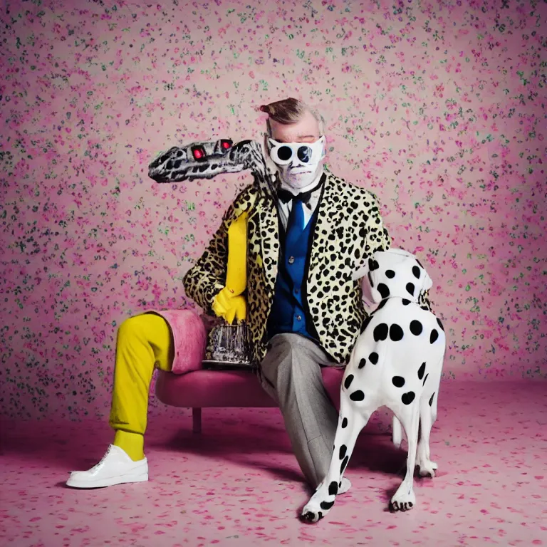 Prompt: vogue photoshoot octane render portrait of 1 0 1 dalmatian with white background, focus on an eccentric man in a bright colorful pastel wes anderson uniform and a latex mask inside a high - end exotic vintage boutique hotel lounge, very short depth of field, bokeh