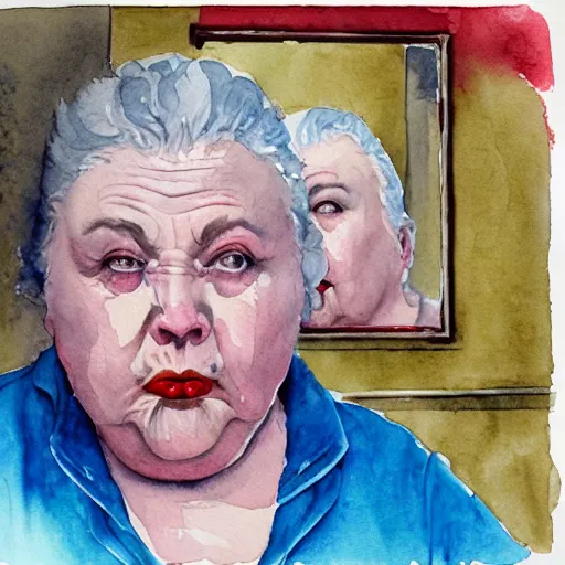 Prompt: a very funny comic style watercolor painting of a sweet fat old woman kissing her reflection. symmetrical face, red mouth, blue eyes. a flowered dress. a hyper - realistic scene. 3 d, octane processing, deep focus, white scene. a very funny and sweet picture. unreal engine. watercolor. fellini cinematic style. poster quality. freud painting style.