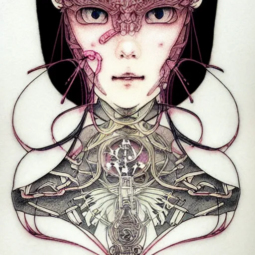 Image similar to prompt: Fragile looking character soft light portrait face drawn by Takato Yamamoto and Katsuhiro Otomo, tattooed face, inspired by Sailor Moon anime, alchemical objects on the side, soft light, intricate detail, intricate gouache painting detail, sharp high detail, manga and anime 2010