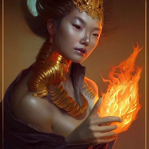 Image similar to female asian fire elemental, ghostly form, transparent, d & d, golden!!! palette, highly detailed, portrait!!, digital painting, artstation, concept art, sharp focus, illustration, cinematic lighting, art by artgerm and greg rutkowski and alphonse mucha