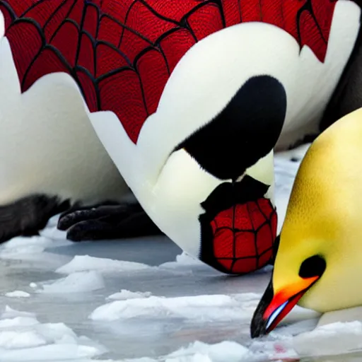 Image similar to photo spider man in a romantic dinner with an emperor penguin